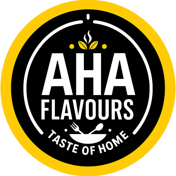 AHA Flavours logo with a black background and yellow border
